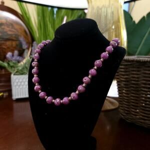 Vintage 24 Inch Purple Beaded Necklace Hand Painted Floral Accents 1980s Jewelry
